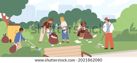 Children cleaning park from garbage. Group of kids picking and raking plastic litter and collecting it into trash bags. Team of eco volunteers during environment cleanup. Flat vector illustration Stock fotó © 