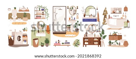 Set of bathroom and toilet interiors in Scandinavian style. Bath and closet rooms with washbasins, sinks, mirrors, shower, cabinets and plants. Flat vector illustration isolated on white background