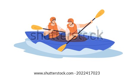 People rowing with paddles in kayak. Men in helmets and life jackets rafting in sports boat with oars. in river. Extreme water activity. Flat vector illustration isolated on white background