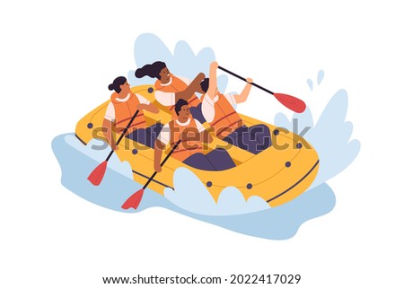 Happy people rowing with paddles, swimming in inflatable boat in river. Team of diverse men and women during extreme water activity in lake. Flat vector illustration isolated on white background