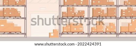 Warehouse interior with carton boxes on metal shelves. Empty storehouse panoramic background for goods storage. Inside stock room with cargo cardboard and shutter doors. Flat vector illustration