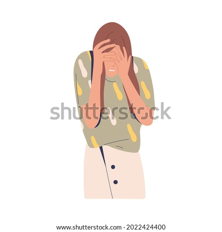 Embarrassed woman hiding her face, regretting failure. Upset shy person feeling shame after fail. Female with negative emotion of desperate. Flat vector illustration isolated on white background