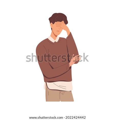 Disappointed man with facepalm gesture, feeling shame. Person with hand at forehead regret fail. Face palm of ashamed and upset human after failure. Flat vector illustration isolated on white