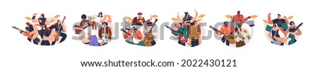 Group portraits of music bands with guitars and drums. Set of musicians and singers of rock, country and jazz styles. Flat vector illustrations of guitarists, drummers and vocalists isolated on white.