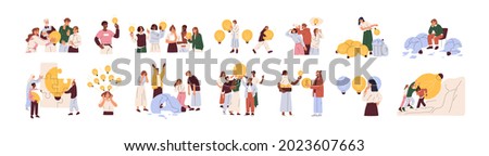Concept of finding brilliant ideas. Set of creative people with light bulbs. Business teams with lightbulbs as symbol of solutions and knowledge. Flat vector illustrations isolated on white background