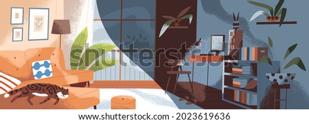Same modern living room in day and night time. Cozy home apartment in morning and afternoon. Daytime and nighttime in livingroom. Flat vector illustration of interior panorama in light and darkness