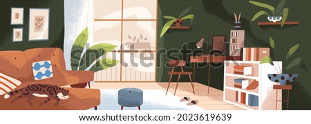 Modern living room with furniture and decor. Cozy apartment furnished with sofa and shelves. Trendy contemporary home interior design with house plants, pictures and window. Flat vector illustration