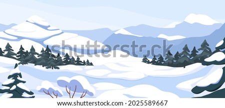 Winter landscape with hills in snow, fir trees and sky. Panoramic snowy nature scene. Scenery with mountains in cold frosty weather. Snowscape panorama. Flat vector illustration of wintry background
