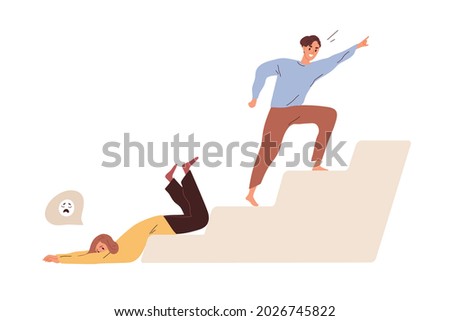 Concept of weakness versus strength of people on hard way to goals. Tired fatigue lazy weak person fall down vs ambitious motivated strong human. Flat vector illustration isolated on white background
