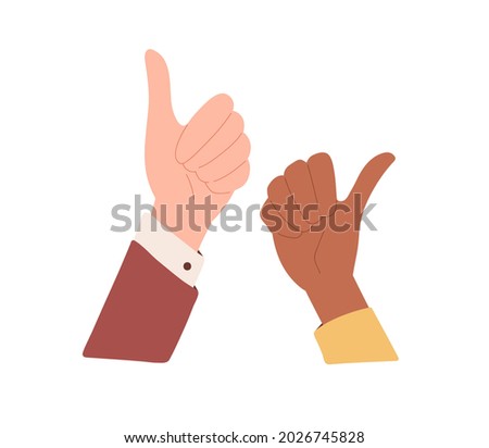 Diverse human hands with thumb up. Positive like and OK gesture, expressing satisfaction, agreement and approval. Good feedback concept. Flat vector illustration isolated on white background