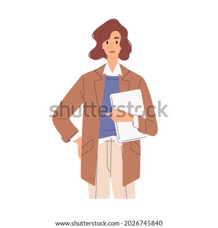 Businesswoman portrait. Woman entrepreneur standing with tablet in hands. Business advisor or manager in formal clothes. Flat vector illustration of modern office worker isolated on white background