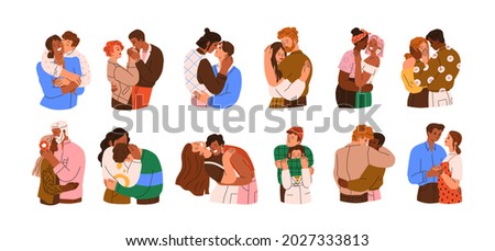 Happy love couples set. Men and women kissing, hugging, and cuddling. Diverse people in romantic relationships. Colored flat vector illustration of lovers and sweethearts isolated on white background