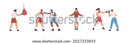 Set of boxers training with trainer and fighting. People punching box fighters and opponents, hitting boxing bag, working out with jump rope. Flat vector illustration isolated on white background