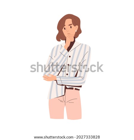 Pensive person thinking and solving problems. Serious thoughtful woman with hand on chin. Portrait of worried questioned unsure female pondering. Flat vector illustration isolated on white background