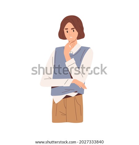 Pensive thoughtful person thinking about business problems and troubles. Woman in her thoughts. Portrait of indecisive unsure female with hand on chin. Flat vector illustration isolated on white