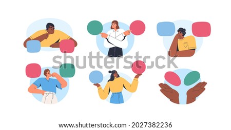 Set of confused pensive people making choice and decision. Men and women doubting, solving problems, choosing between two alternatives. Dilemma concept. Flat vector illustration isolated on white Foto stock © 