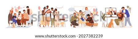 Set of family members at baby shower parties and Sip and See events. People celebrating, meeting, and introducing newborn arrival, infant birth. Flat vector illustration isolated on white background