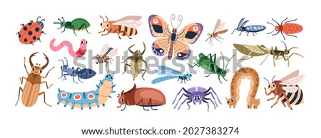 Cute cartoon insect characters set. Funny happy small bugs, butterflies, caterpillars, grasshoppers, beetles, worms, bees and ants. Childish flat vector illustrations isolated on white background Foto d'archivio © 