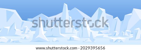 Northern polar landscape with icebergs in snow. Arctic ice bergs, glaciers at North Pole. Panoramic view of cold nature scenery with frozen peaks, snowy land and sky. Flat vector illustration