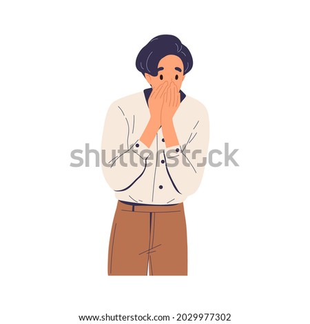 Surprised shocked man cover face with hands in amazement. Excited person with astonished and amazed expression. Human wondering to unbelievable. Flat vector illustration isolated on white background 商業照片 © 