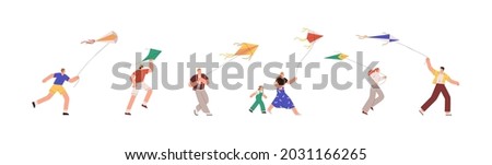 Set of people playing with air kites and fly it to sky. Happy joyful man, woman, kid running and walking, holding flying wind toy in hands. Flat vector illustration isolated on white background