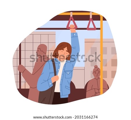 Sleepy tired person on her way to work by bus. Drowsy woman sleeping in public transport early in morning. Asleep napping passenger isolated on white background. Flat vector illustration of drowsiness