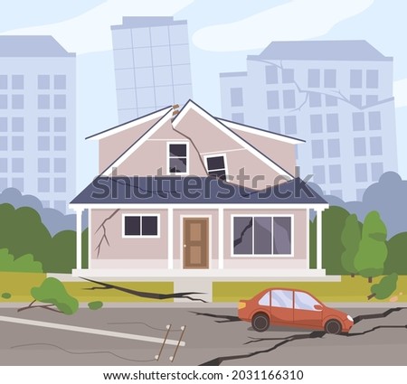 Damaged city road and buildings after earthquake, natural disaster. Destroyed broken house and car on street, land clefts as quake consequences. Apocalyptic cityscape. Flat vector illustration