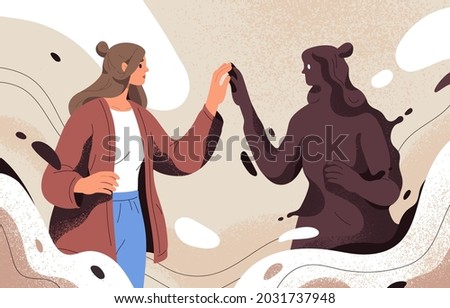 Psychology concept of finding and meeting shadow personality, unconscious side of self. Person discovering unknown hidden dark part of herself. Woman accepting her archetype. Flat vector illustration