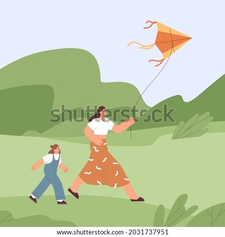 Family playing with air kite and fly it to sky. Mother and kid walking with toy outdoors. Mom and child at summer leisure. Happy woman and girl in nature on holidays. Flat vector illustration