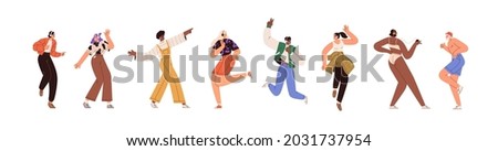 Happy people dance to music while listening to it with headphones and earphones. Set of diverse modern man and woman dancing from joy and fun. Flat vector illustration isolated on white background