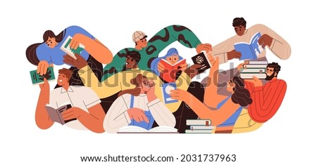 Bookcrossing concept. Happy people exchanging, borrowing and recommending paper books. Group of man and woman reading. Readers swap literature. Flat vector illustration isolated on white background
