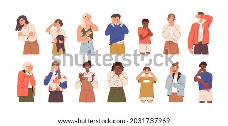 Set of sad and upset people crying, weeping and sobbing from sorrow and grief. Unhappy person shedding tears. Man, woman, girl and boy in despair. Flat vector illustration isolated on white background