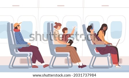 Airplane passengers sitting on chairs in plane cabin during air flight. Side view of people on seats traveling by aircraft. Flat vector illustration of aeroplane interior isolated on white background Stock foto © 