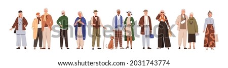 Modern old people and senior couples set. Stylish elderly man and woman in fashion casual clothing. Happy aged person in fashionable outfit. Flat vector illustration isolated on white background