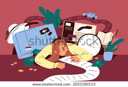 Busy person overloaded with many tasks in to-do list and lot of plans for holiday travel. Concept of multitasking and businesses burden. Woman in stress with multiple problem. Flat vector illustration