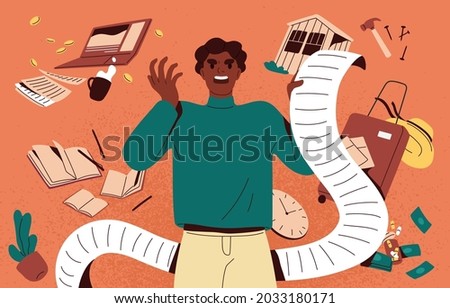 Multitasking concept. Angry busy person in stress with many tasks. Man overloaded with lot of businesses. Unhappy human burden with multiple plans, problems and liabilities. Flat vector illustration