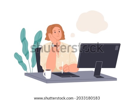 Happy person dreaming at work. Creative woman thinking, imagining, fantasizing at workplace with computer. Thoughtful designer creating ideas Flat vector illustration isolated on white background