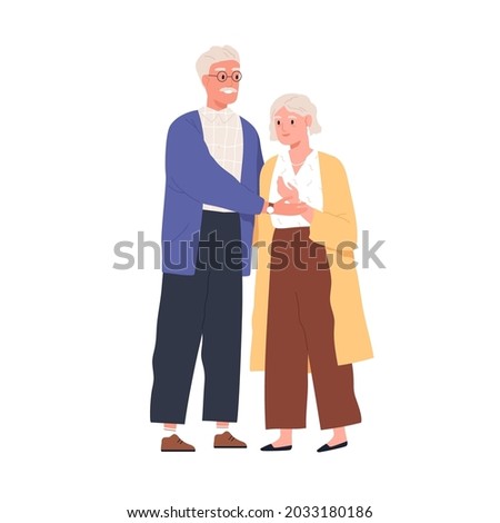 Happy senior love couple of old man and woman. Elderly people standing together. Portrait of grandfather and grandmother. Flat vector illustration of grandparents isolated on white background