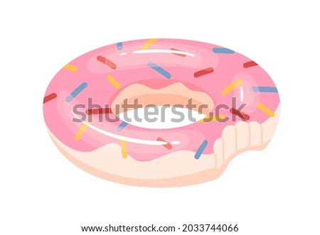 Donut-shaped inflatable rubber ring for swimming in water. Bitten-off glazed pink doughnut toy for pool fun. Flat cartoon vector illustration of funny beach item isolated on white background