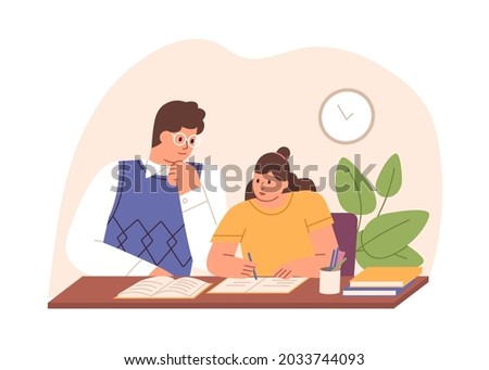 Parent helping child to do homework. Father and school kid sitting at desk and studying at home together. Dad supporting girl in learning. Colored flat vector illustration isolated on white background