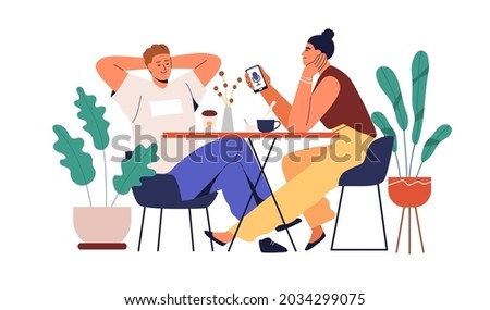 Couple listening to audio podcast together. People with phone enjoying music and coffee. Man and woman relax with online radio broadcast. Flat graphic vector illustration isolated on white background