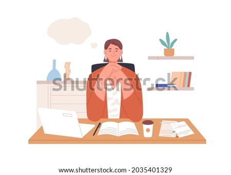 Happy relaxed person dreaming at work in office. Inspired creative employee resting and thinking, imagining smth in thought bubble and writing. Flat vector illustration isolated on white background
