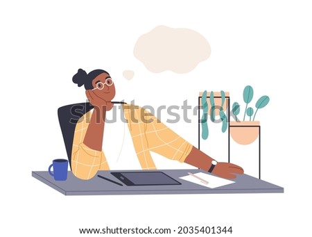 Creative person thinking and dreaming at work. Woman creating and imagining in thoughts. Inspired employee with ideas in mind and tablet on desk. Flat vector illustration isolated on white background