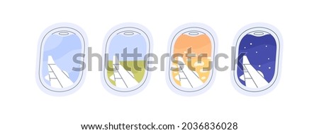 Views outside plane windows. Skyscapes through portholes set. Day and night skies and aircraft wings from inside airplane cabin during air flight. Flat vector illustration isolated on white background