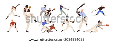 Baseball players set. Pitchers, catchers, batters and hitters throwing, catching and hitting ball with bats and gloves. American sports game. Flat vector illustration isolated on white background