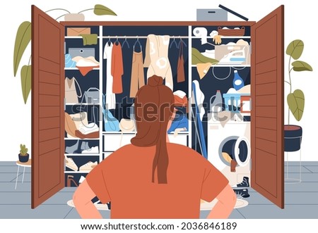 Woman stand in front of messy untidy wardrobe. Person look at open closet full of disordered clothes and accessories. Female before decluttering mess and clutter in cupboard. Flat vector illustration