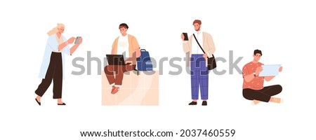 Set of people using different gadgets. Man and woman are online with smartphone, laptop, tablet PC, mobile phone. Male and female Internet users. Flat vector illustration isolated on white background