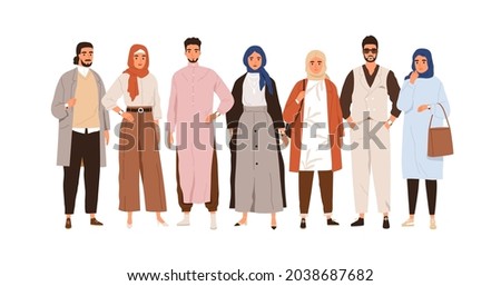 Arab people in modern outfits. Group portrait of Muslim Arabian man and woman in stylish clothes and headwear. Oriental Saudi humans. Flat graphic vector illustration isolated on white background