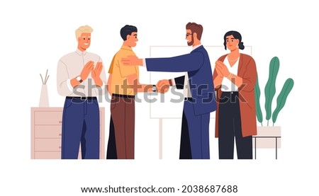 People congratulating colleague with success at work. Boss handshaking happy employee with respect, business team applauding at office meeting. Flat vector illustration isolated on white background