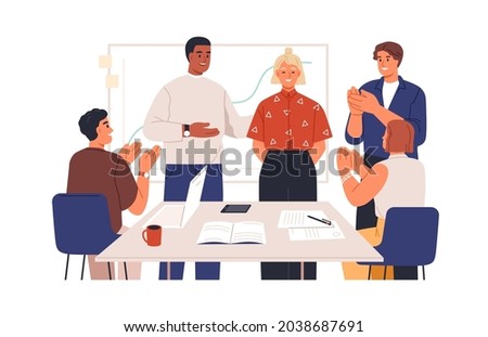 People congratulating colleague with business achievements. Boss praise best employee, team applaude at office meeting. Professional recognition concept. Flat vector illustration isolated on white
